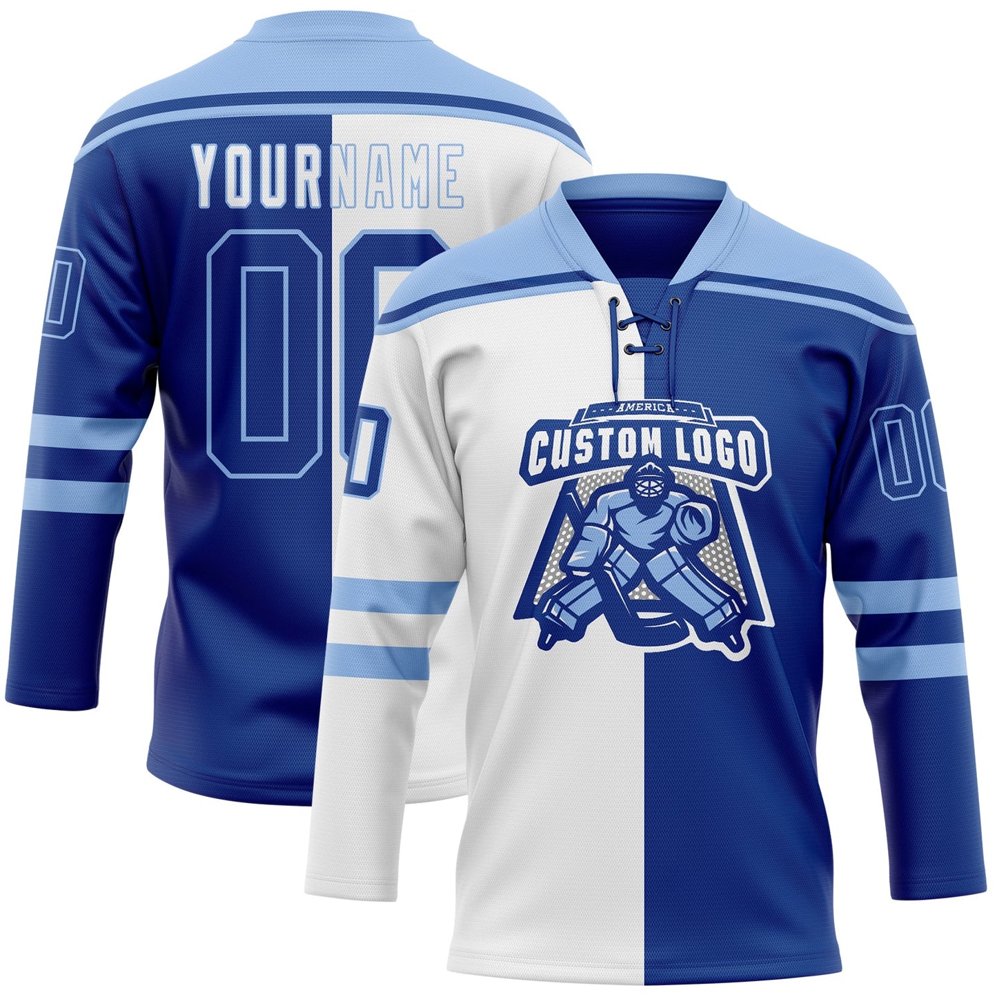 Custom Royal Light Blue-White Split Fashion Hockey Lace Neck Jersey view 2