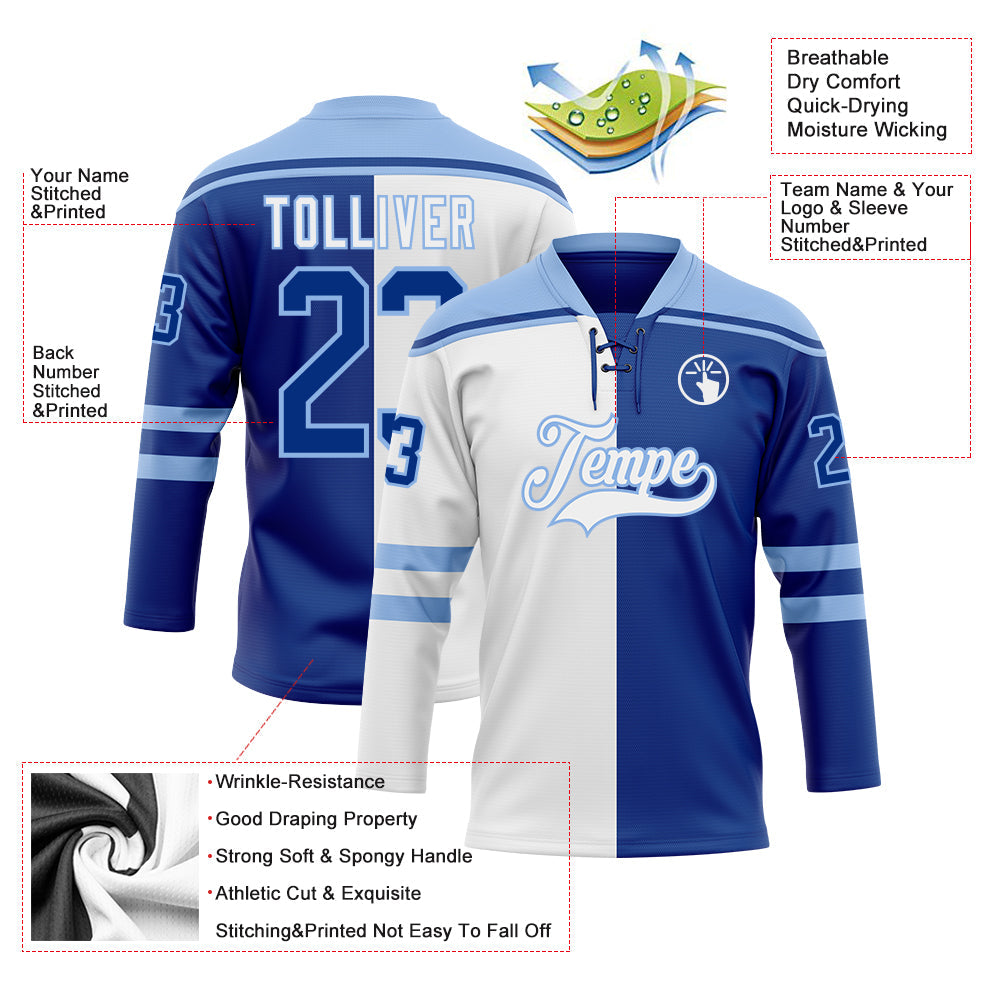 Custom Royal Light Blue-White Split Fashion Hockey Lace Neck Jersey view 5