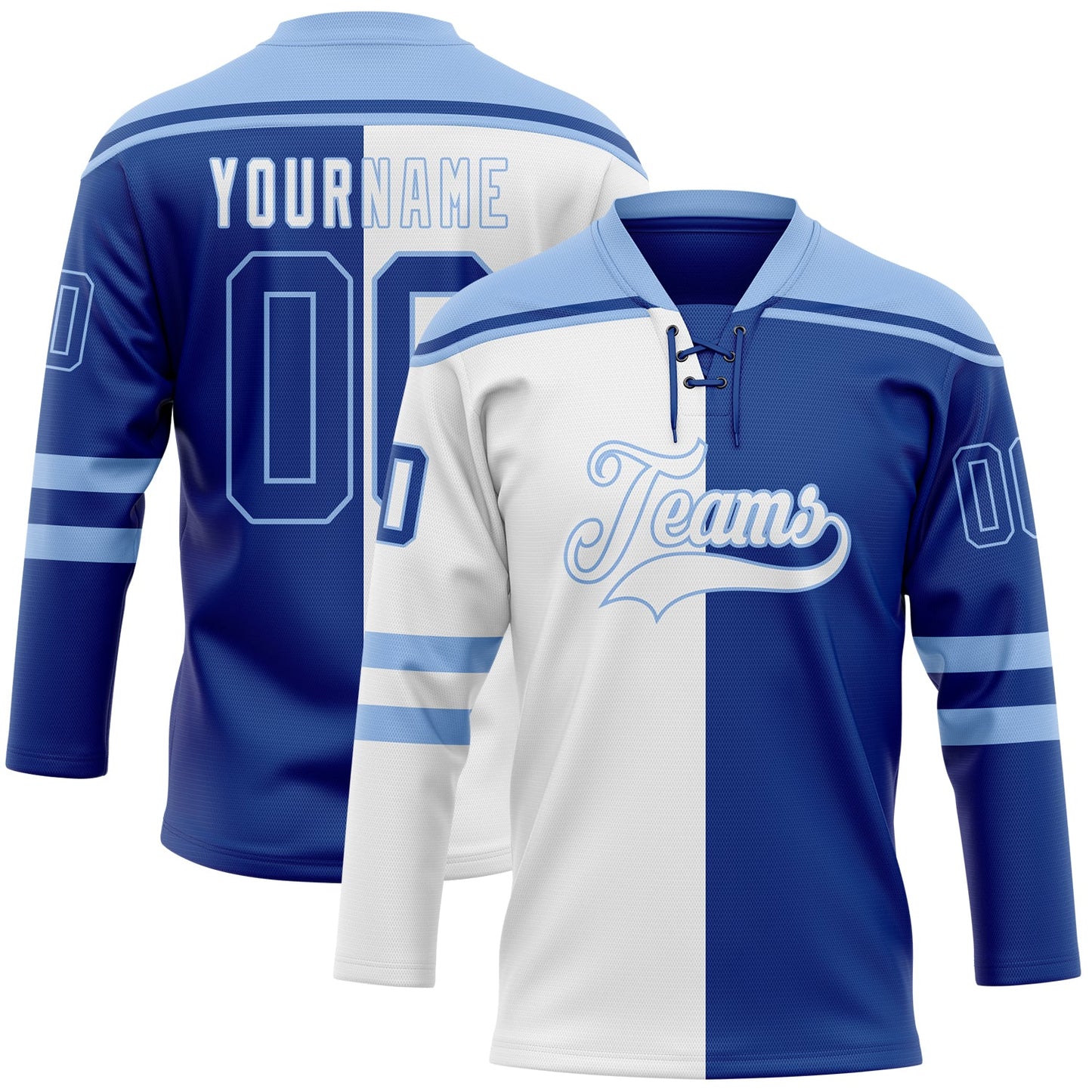 Custom Royal Light Blue-White Split Fashion Hockey Lace Neck Jersey - Main View