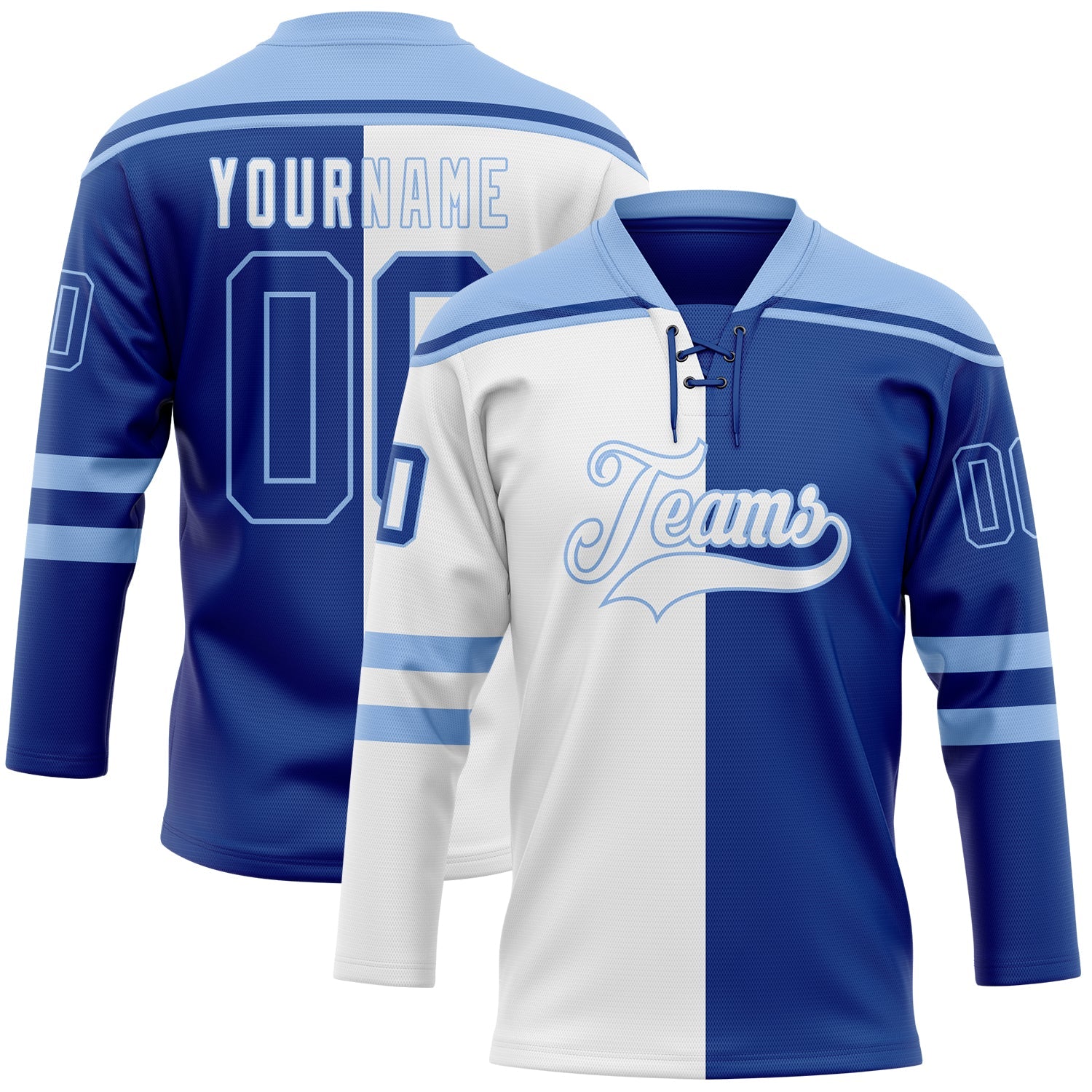 Custom Royal Light Blue-White Split Fashion Hockey Lace Neck Jersey - Main View