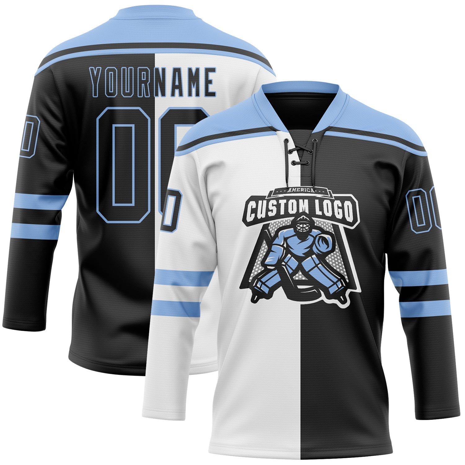 Custom Black Light Blue-White Split Fashion Hockey Lace Neck Jersey view 2