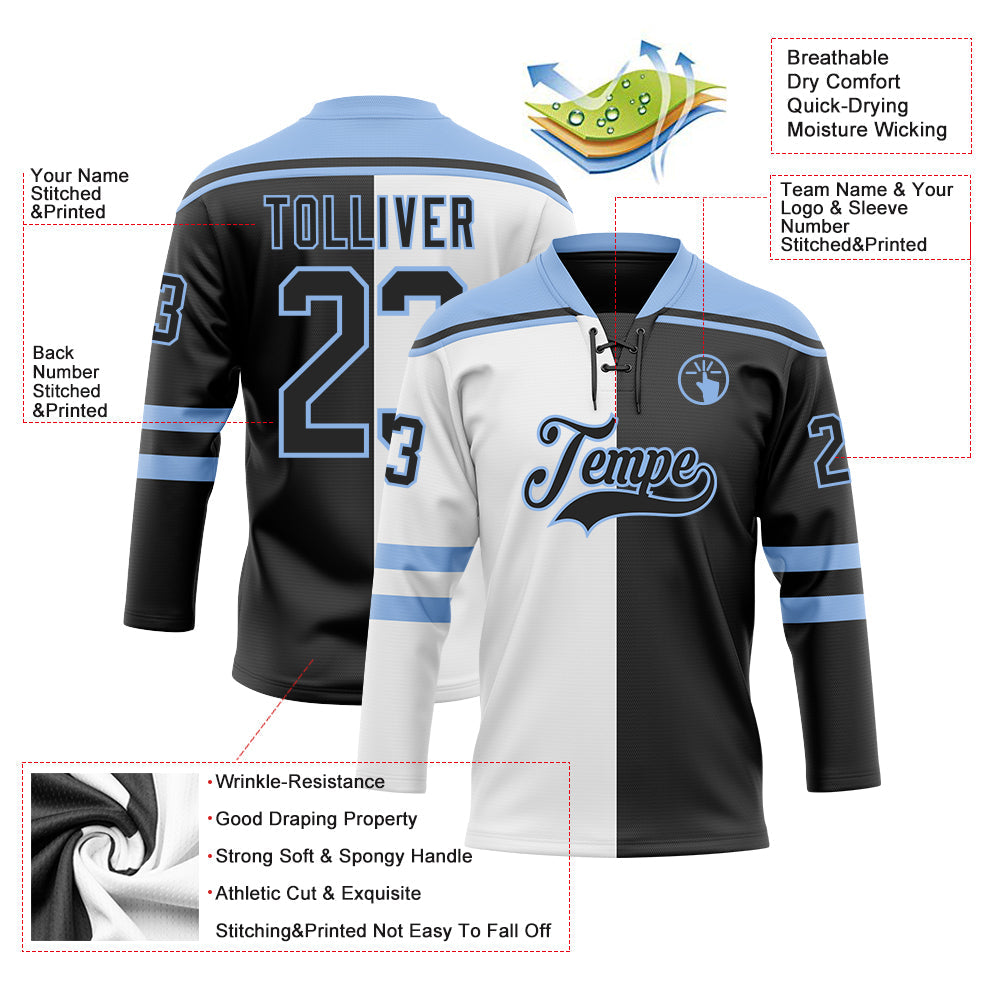 Custom Black Light Blue-White Split Fashion Hockey Lace Neck Jersey view 5