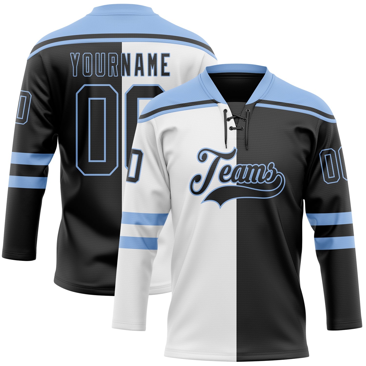 Custom Black Light Blue-White Split Fashion Hockey Lace Neck Jersey - Main View