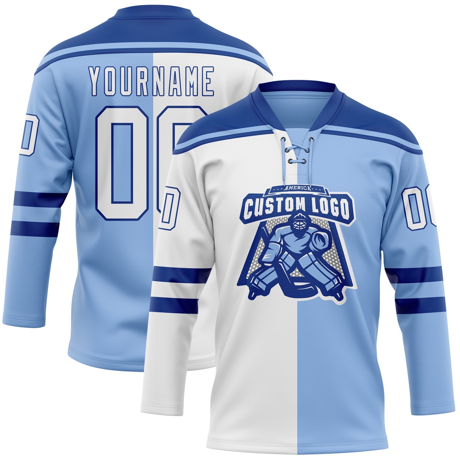 Custom Light Blue White-Royal Split Fashion Hockey Lace Neck Jersey view 2