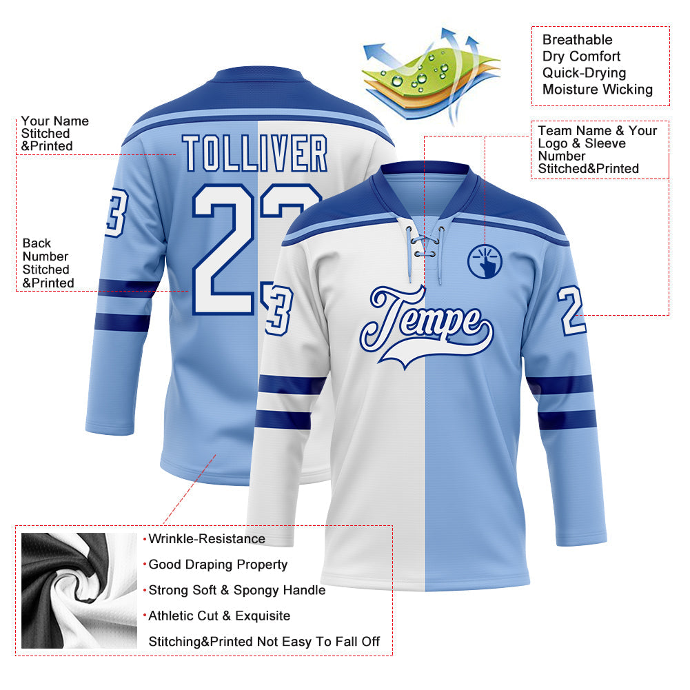 Custom Light Blue White-Royal Split Fashion Hockey Lace Neck Jersey view 5