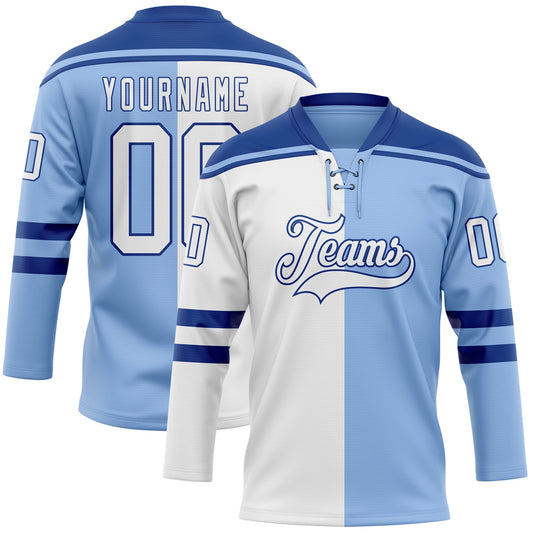 Custom Light Blue White-Royal Split Fashion Hockey Lace Neck Jersey - Main View