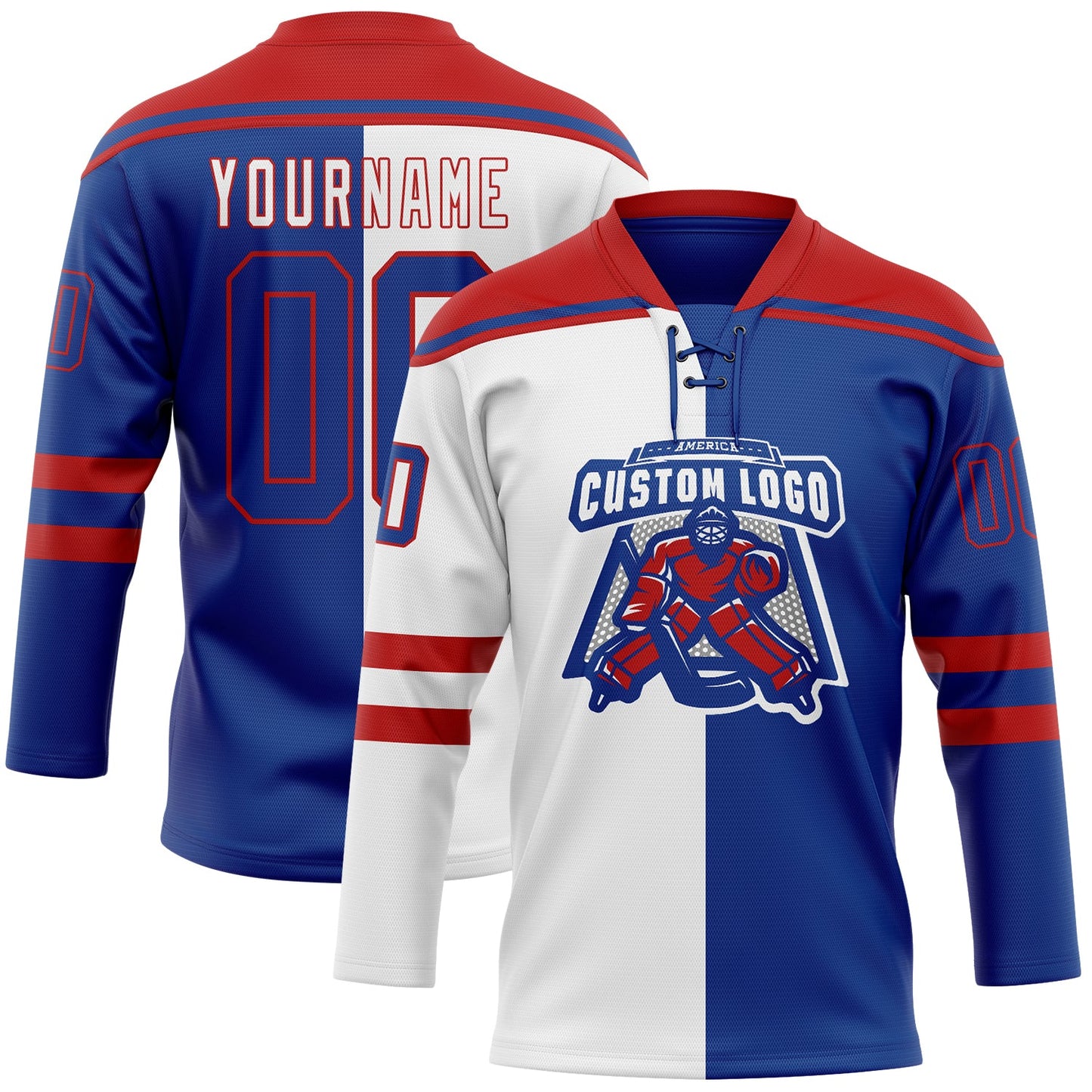 Custom Royal Red-White Split Fashion Hockey Lace Neck Jersey view 2