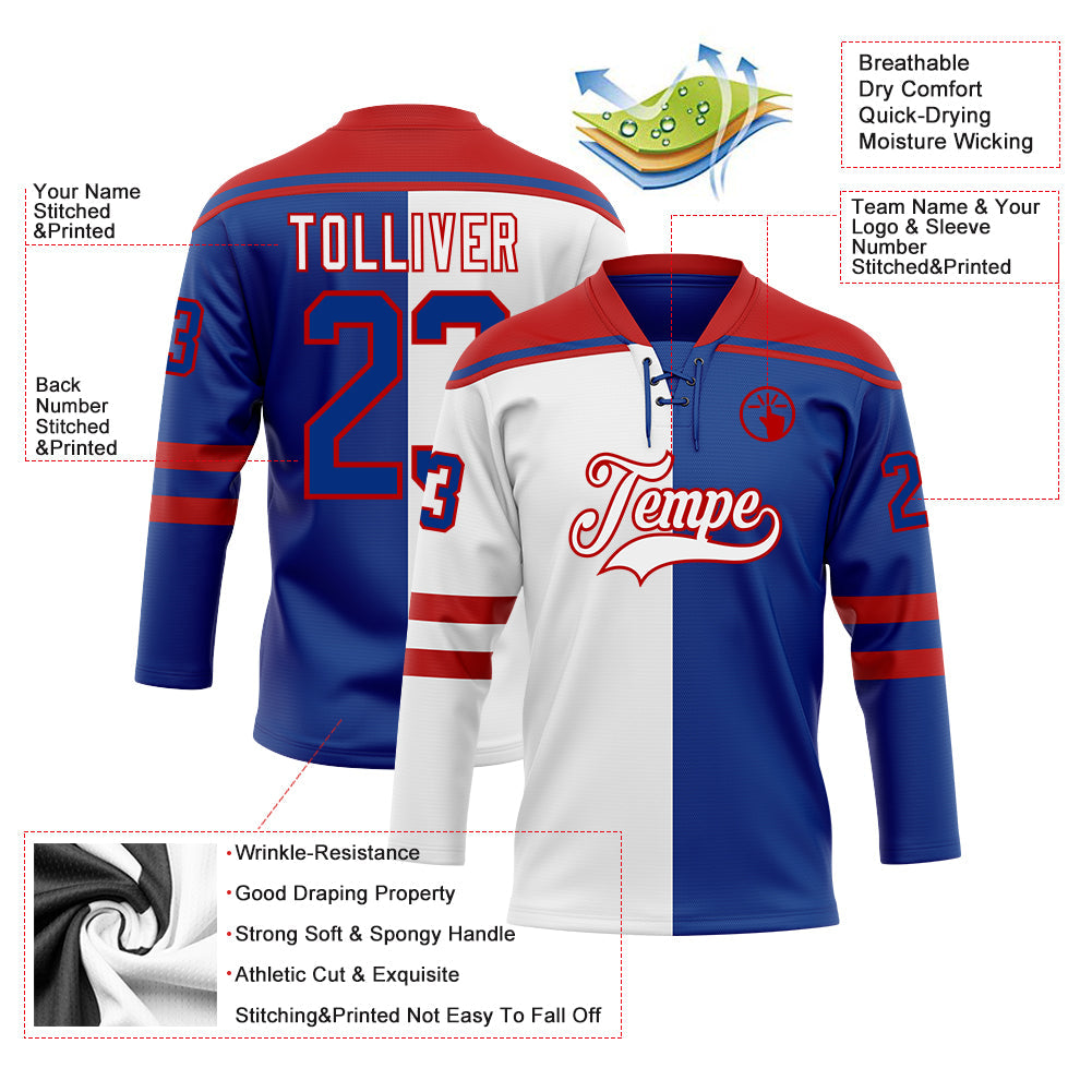 Custom Royal Red-White Split Fashion Hockey Lace Neck Jersey view 5