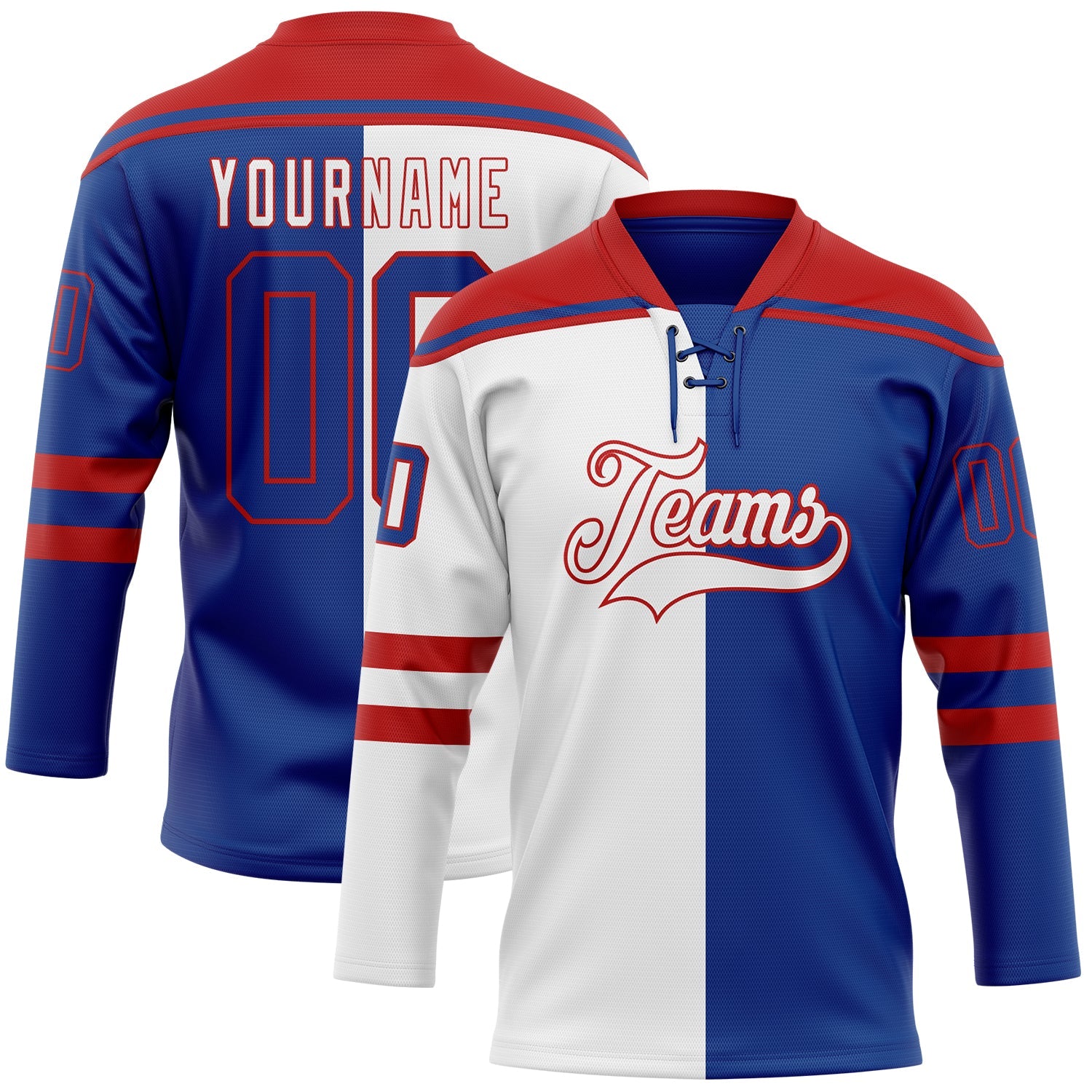 Custom Royal Red-White Split Fashion Hockey Lace Neck Jersey - Main View
