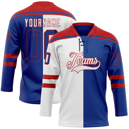 Custom Royal Red-White Split Fashion Hockey Lace Neck Jersey - Main View