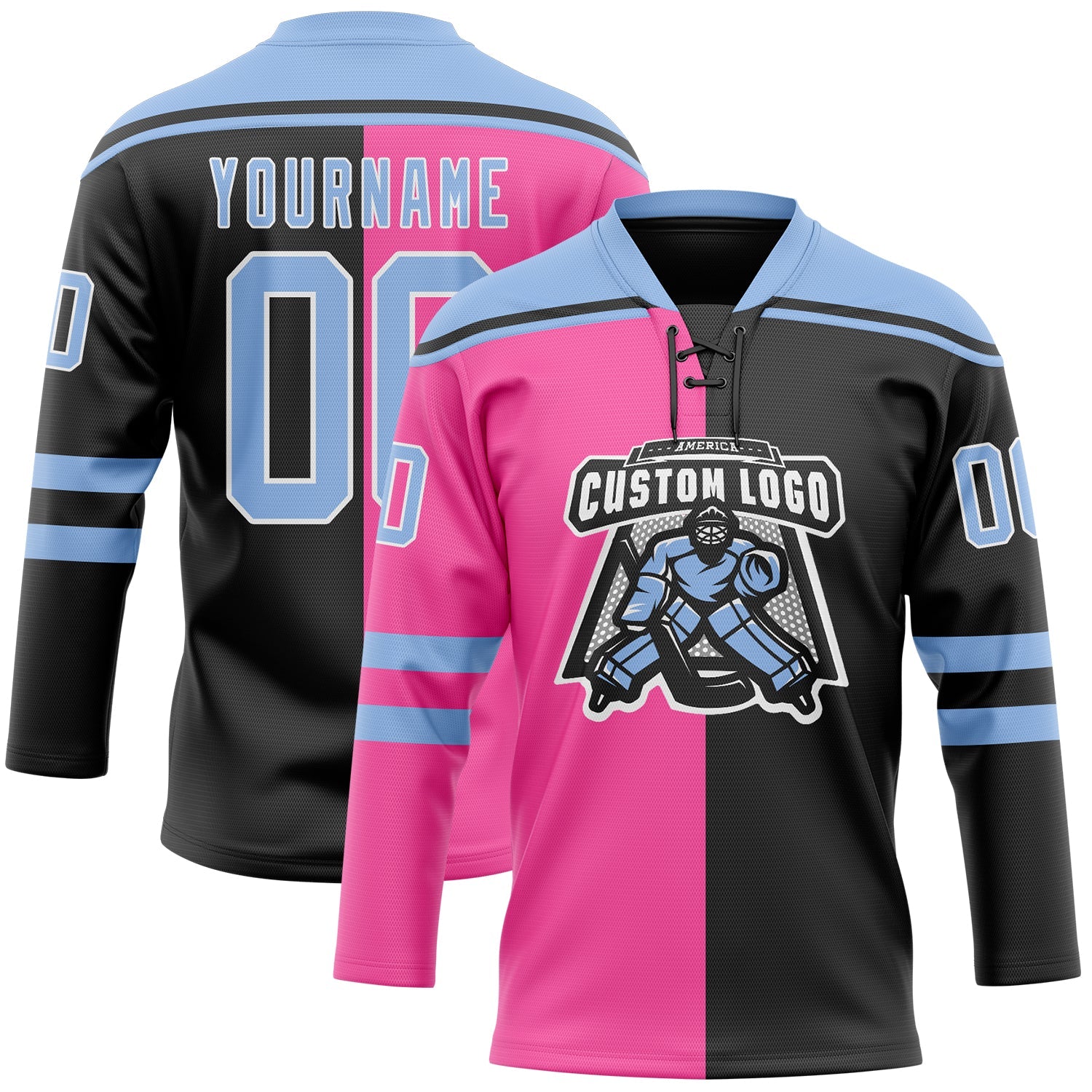 Custom Black Light Blue Pink-White Split Fashion Hockey Lace Neck Jersey view 2