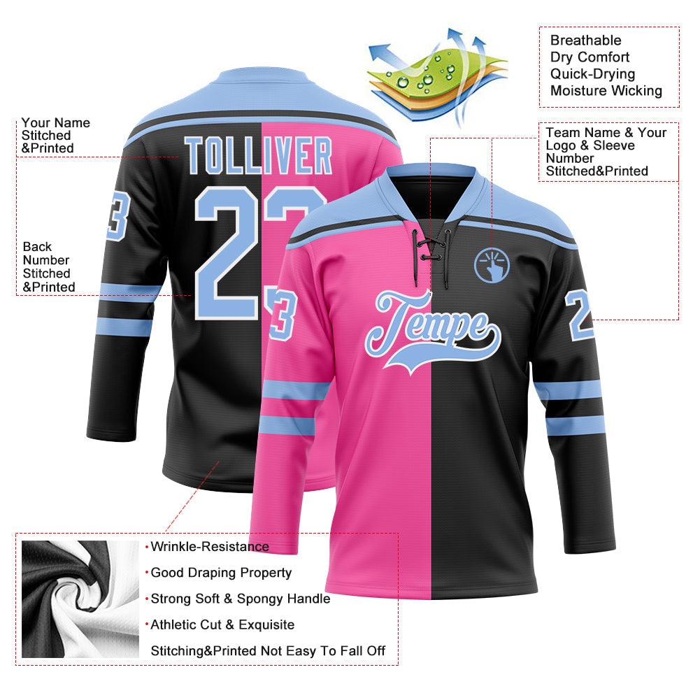 Custom Black Light Blue Pink-White Split Fashion Hockey Lace Neck Jersey view 5