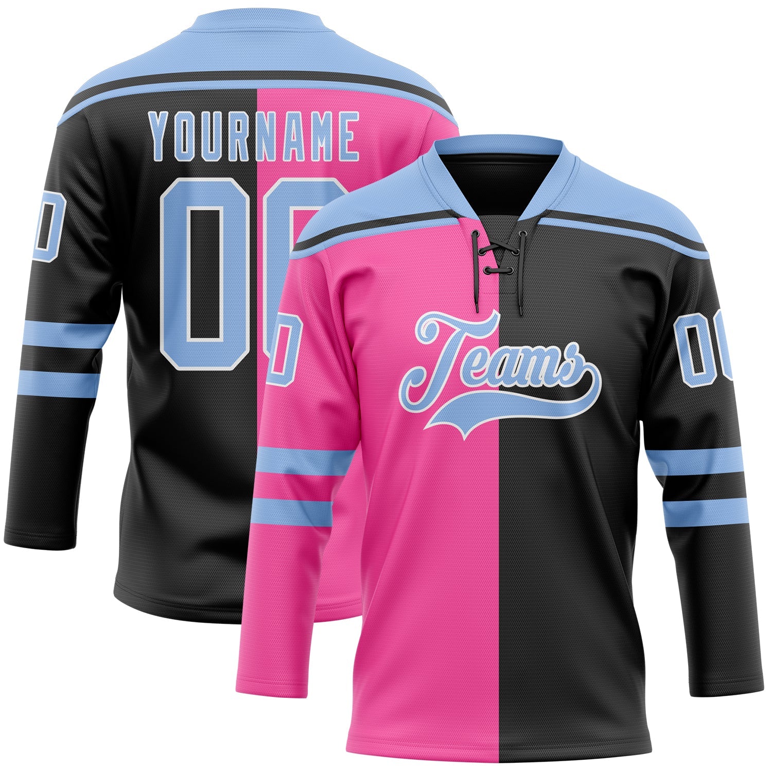 Custom Black Light Blue Pink-White Split Fashion Hockey Lace Neck Jersey - Main View