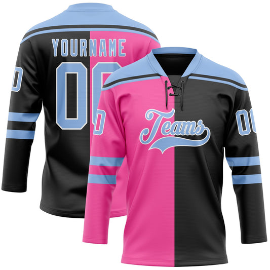 Custom Black Light Blue Pink-White Split Fashion Hockey Lace Neck Jersey - Main View