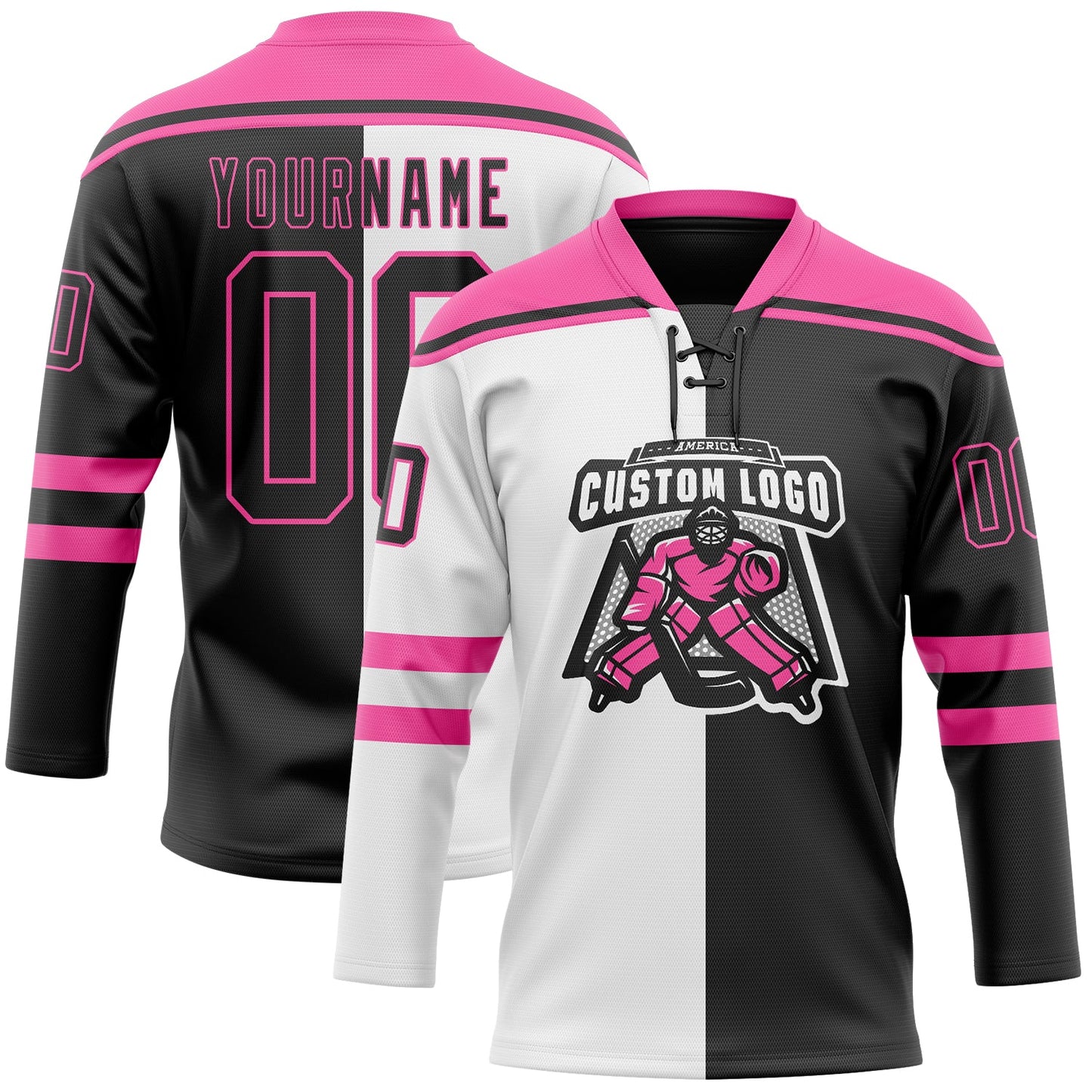 Custom Black Pink-White Split Fashion Hockey Lace Neck Jersey view 2