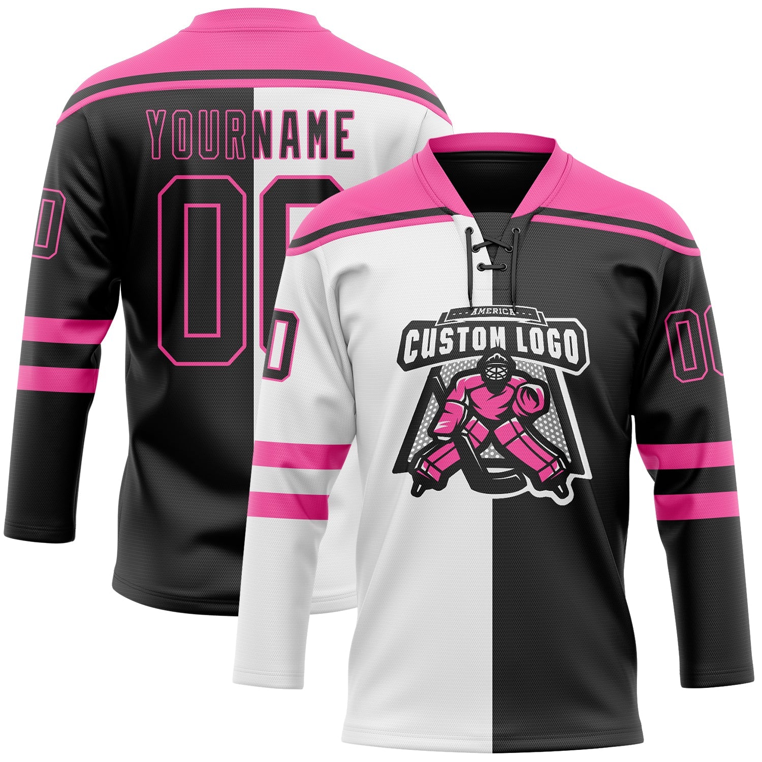 Custom Black Pink-White Split Fashion Hockey Lace Neck Jersey view 2