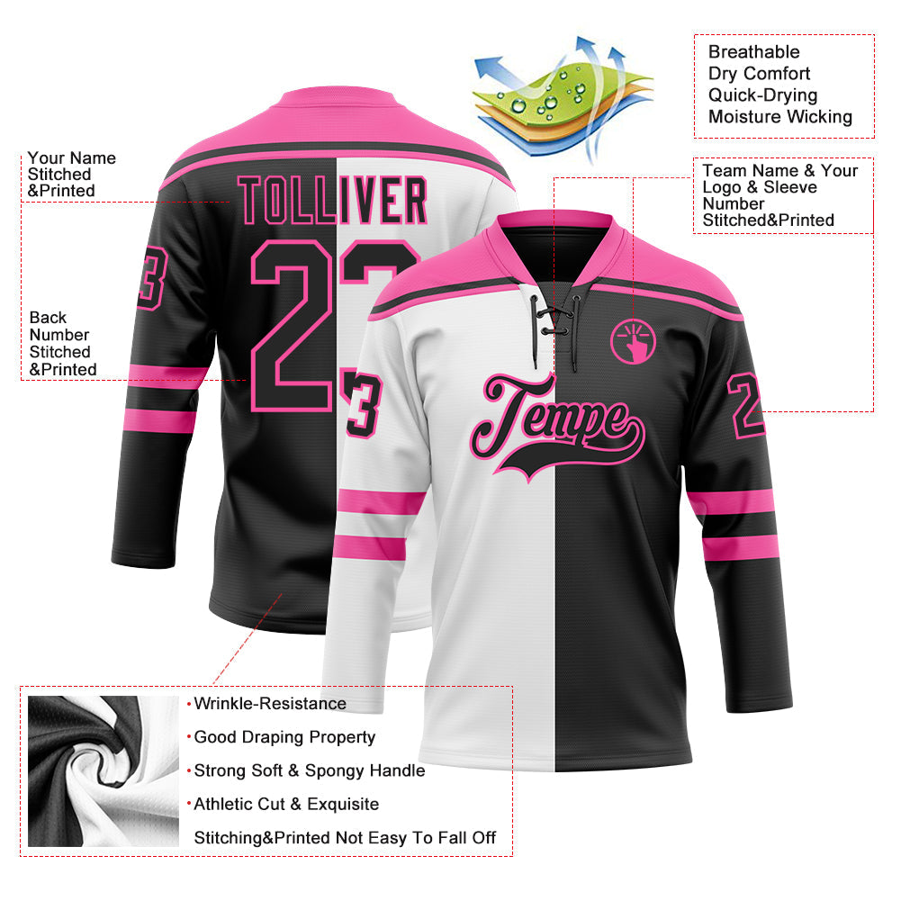Custom Black Pink-White Split Fashion Hockey Lace Neck Jersey view 5