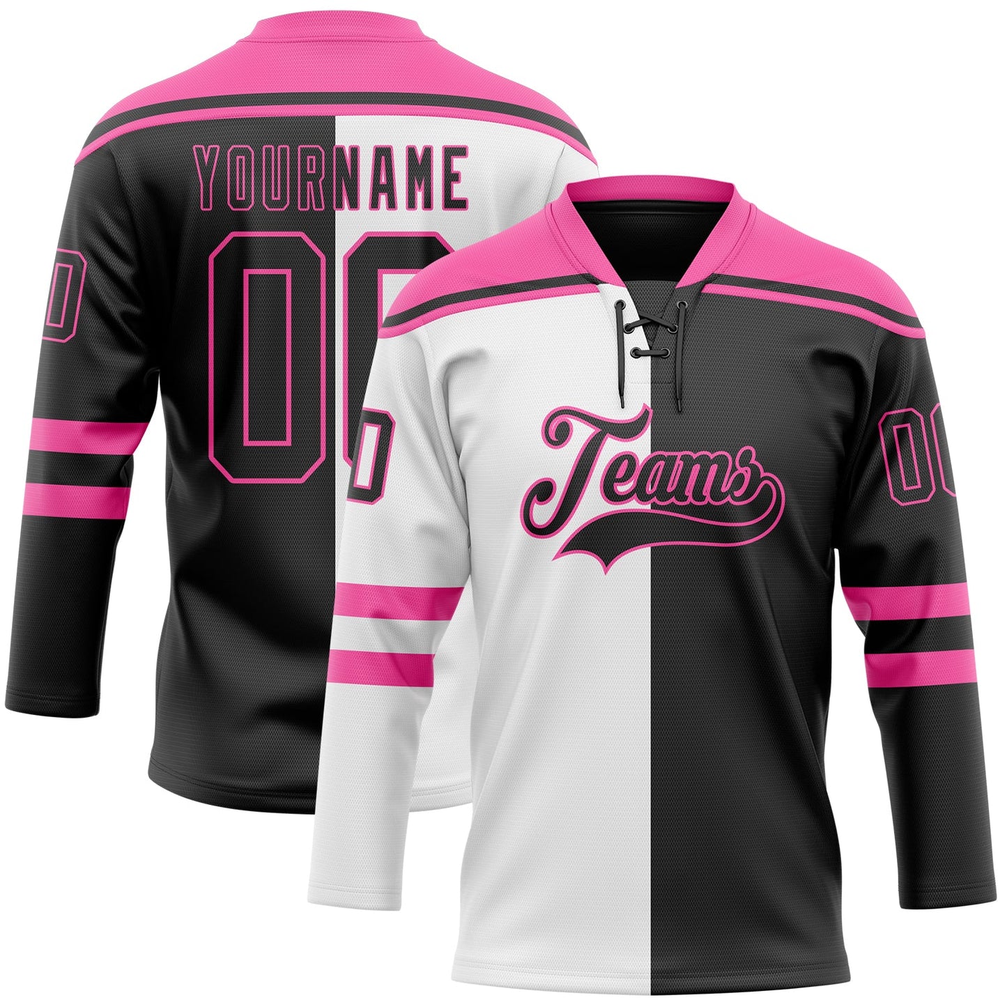 Custom Black Pink-White Split Fashion Hockey Lace Neck Jersey - Main View