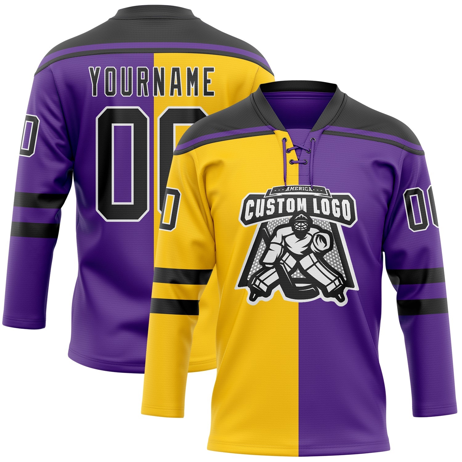 Custom Purple Black Yellow-White Split Fashion Hockey Lace Neck Jersey view 2