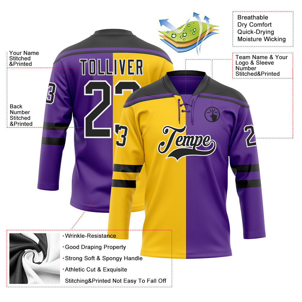 Custom Purple Black Yellow-White Split Fashion Hockey Lace Neck Jersey view 5