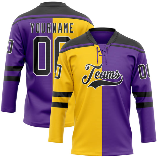 Custom Purple Black Yellow-White Split Fashion Hockey Lace Neck Jersey - Main View