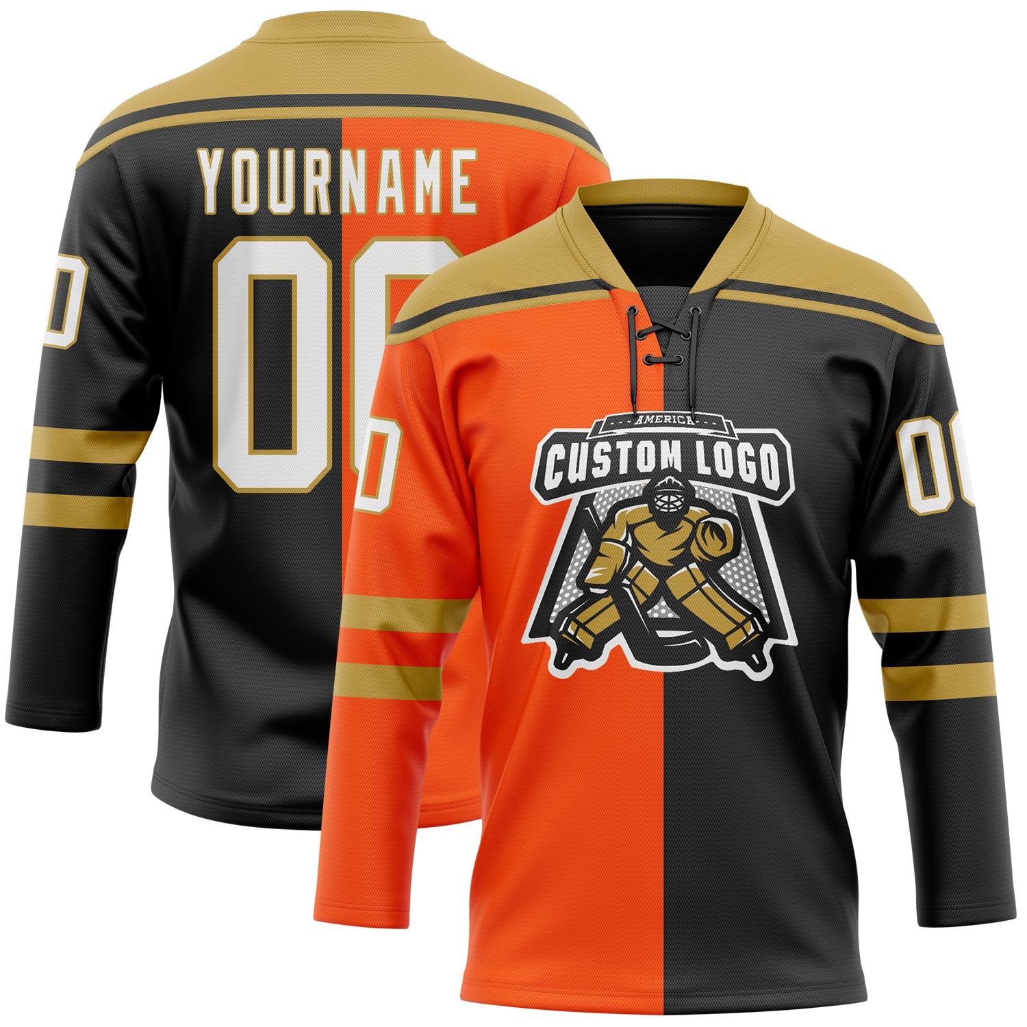 Custom Black White Orange-Old Gold Split Fashion Hockey Lace Neck Jersey view 2
