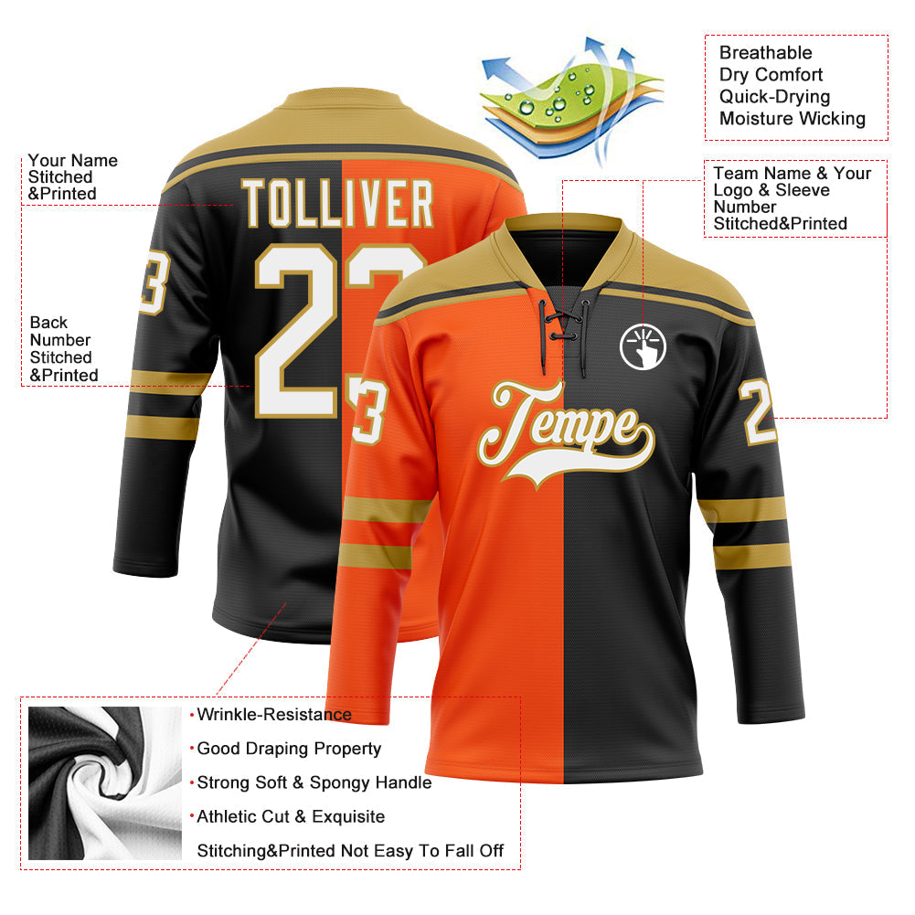Custom Black White Orange-Old Gold Split Fashion Hockey Lace Neck Jersey view 5