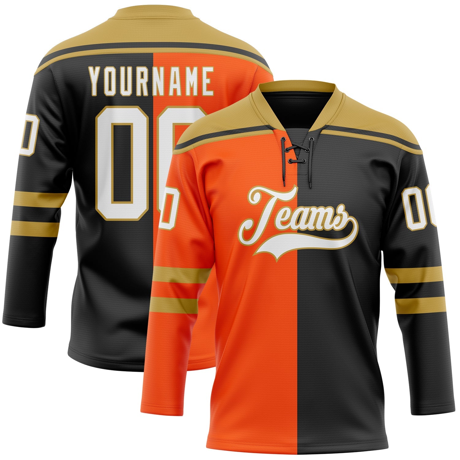 Custom Black White Orange-Old Gold Split Fashion Hockey Lace Neck Jersey - Main View