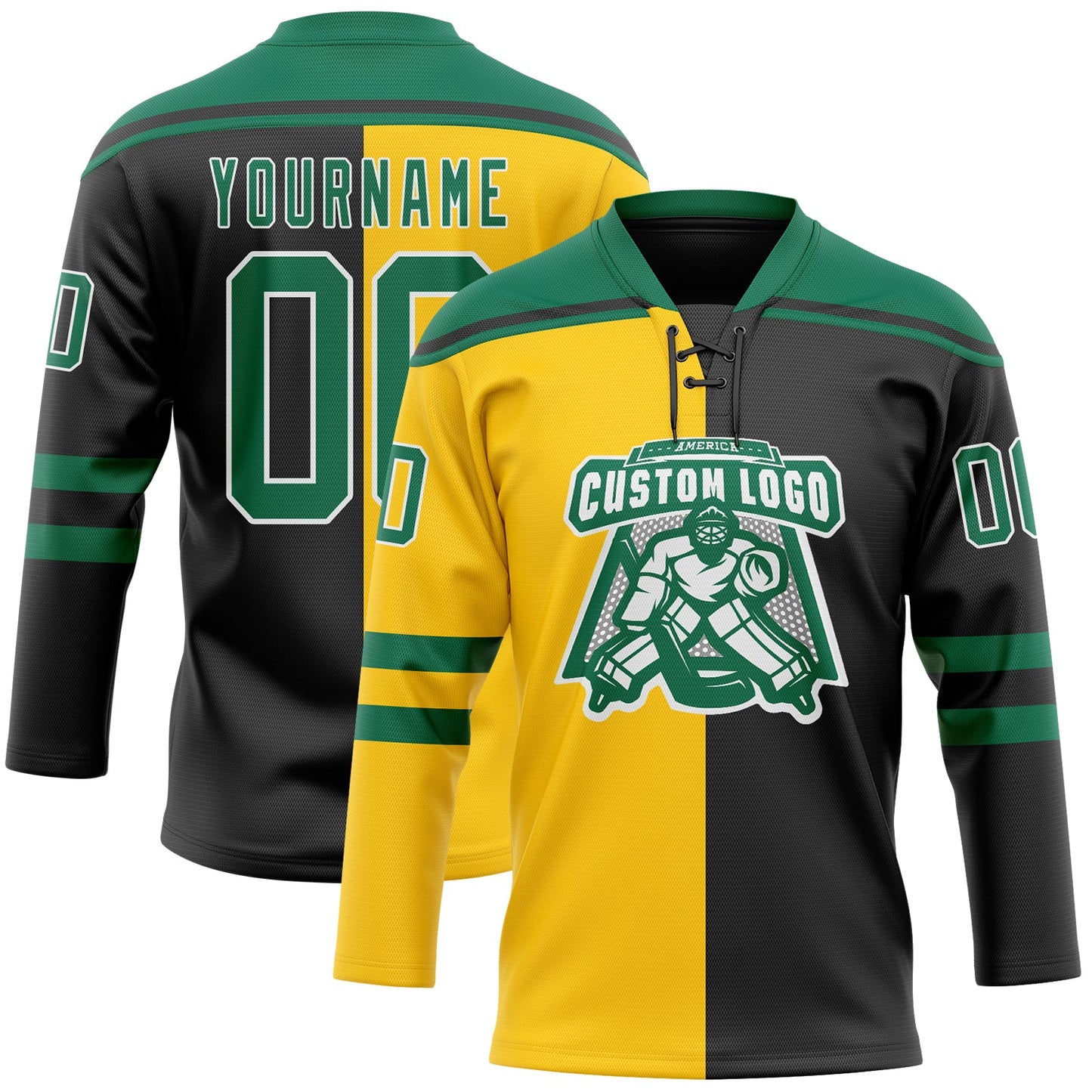 Custom Black Kelly Green Yellow-White Split Fashion Hockey Lace Neck Jersey view 2