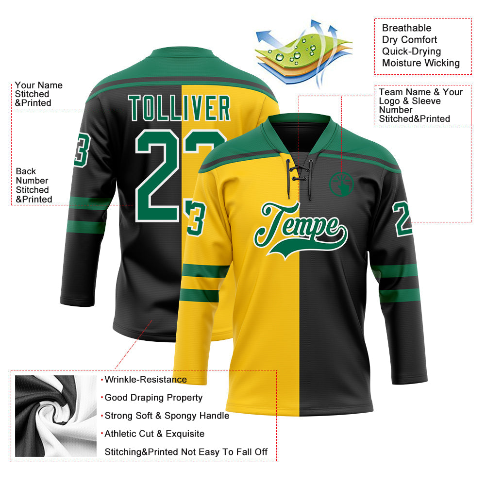 Custom Black Kelly Green Yellow-White Split Fashion Hockey Lace Neck Jersey view 5