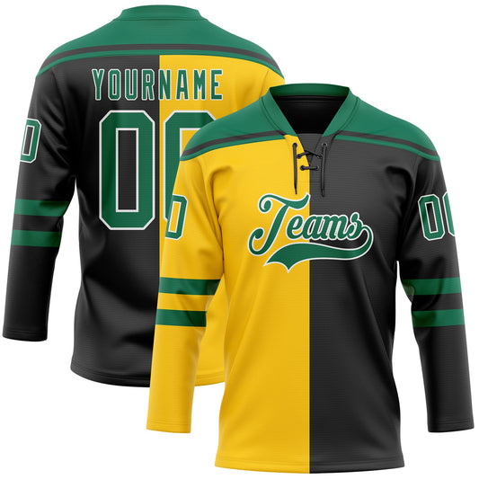 Custom Black Kelly Green Yellow-White Split Fashion Hockey Lace Neck Jersey - Main View