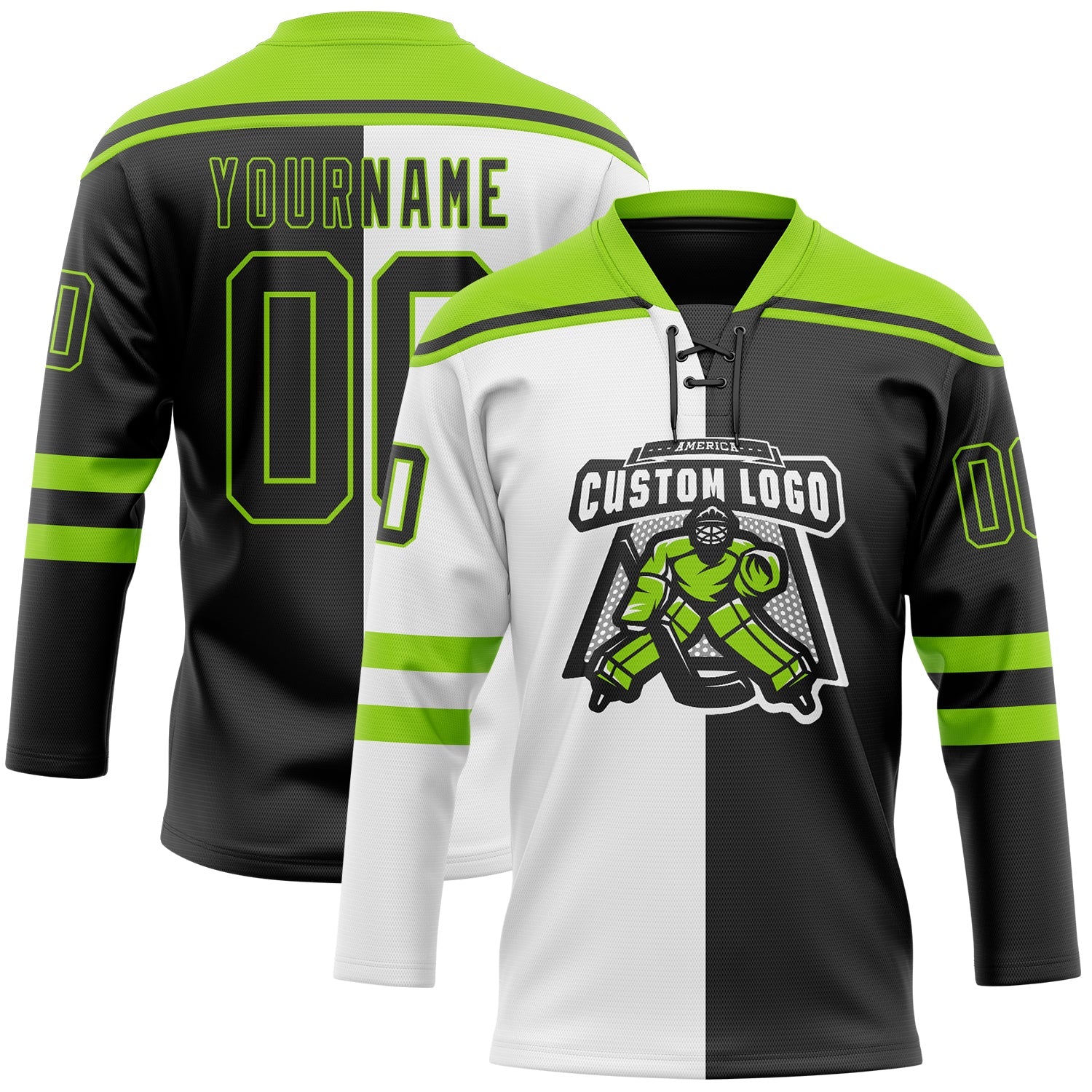 Custom Black Neon Green-White Split Fashion Hockey Lace Neck Jersey view 2