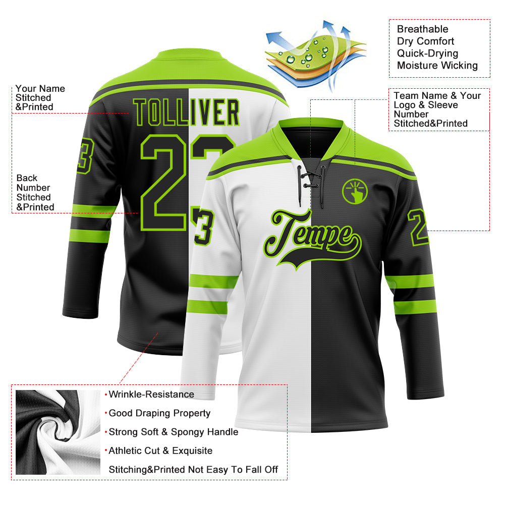Custom Black Neon Green-White Split Fashion Hockey Lace Neck Jersey view 5