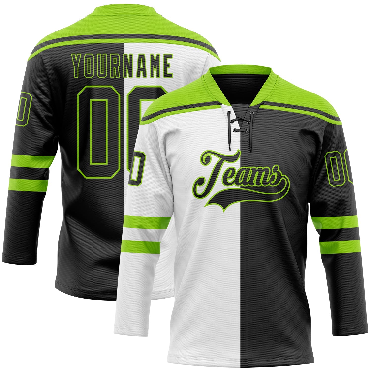 Custom Black Neon Green-White Split Fashion Hockey Lace Neck Jersey - Main View