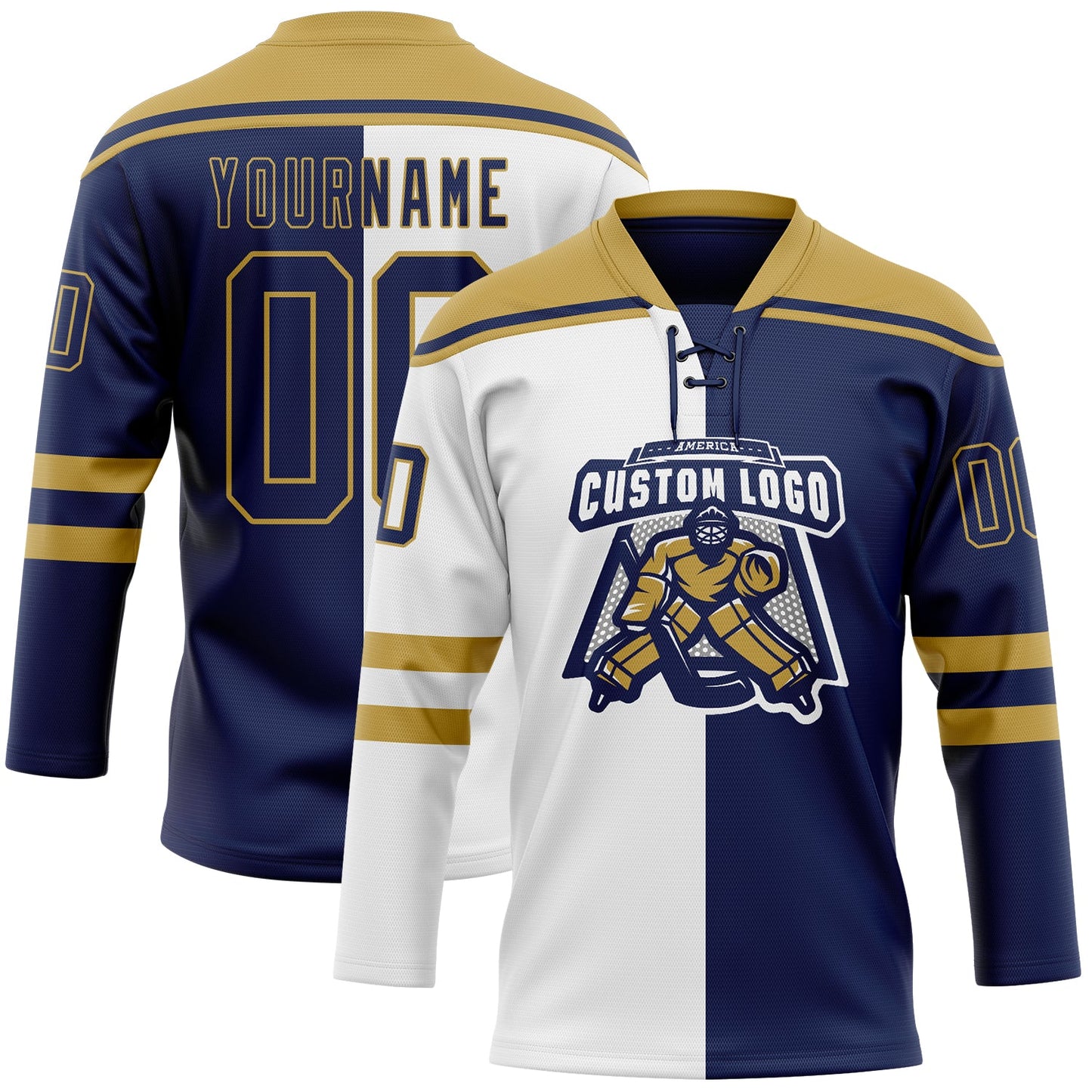 Custom Navy Old Gold-White Split Fashion Hockey Lace Neck Jersey view 2