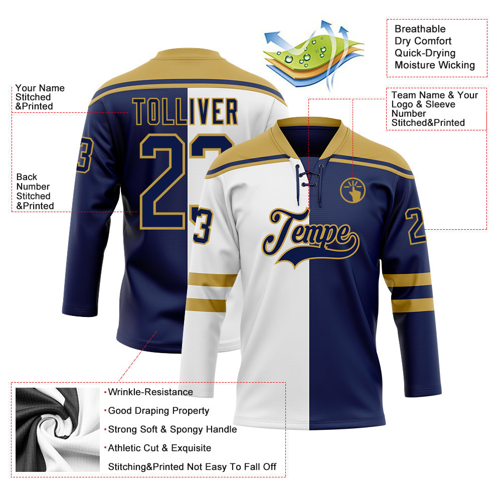 Custom Navy Old Gold-White Split Fashion Hockey Lace Neck Jersey view 5
