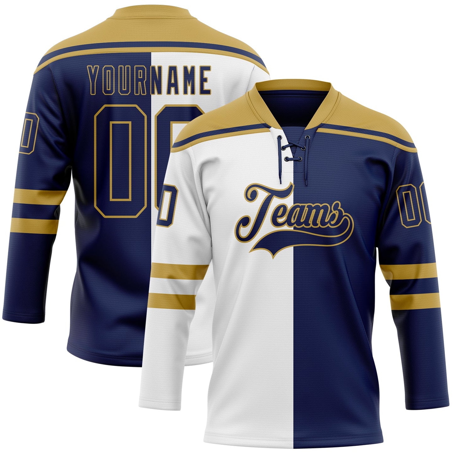 Custom Navy Old Gold-White Split Fashion Hockey Lace Neck Jersey - Main View