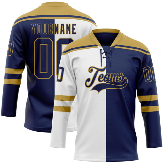 Custom Navy Old Gold-White Split Fashion Hockey Lace Neck Jersey - Main View