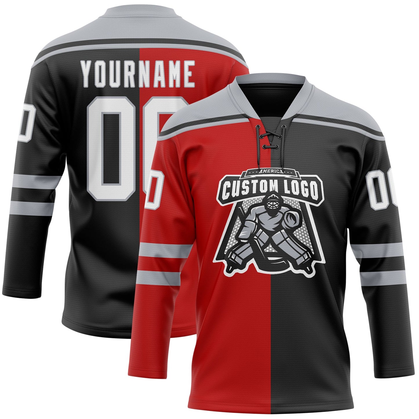 Custom Black White Red-Gray Split Fashion Hockey Lace Neck Jersey view 2