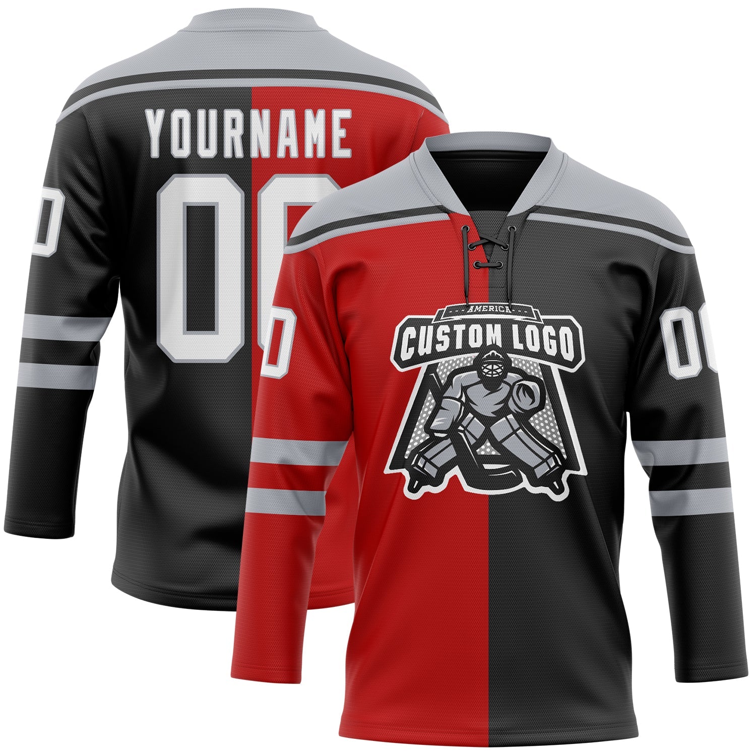 Custom Black White Red-Gray Split Fashion Hockey Lace Neck Jersey view 2