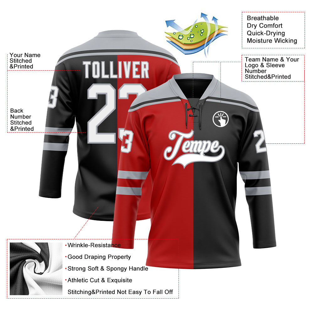 Custom Black White Red-Gray Split Fashion Hockey Lace Neck Jersey view 5