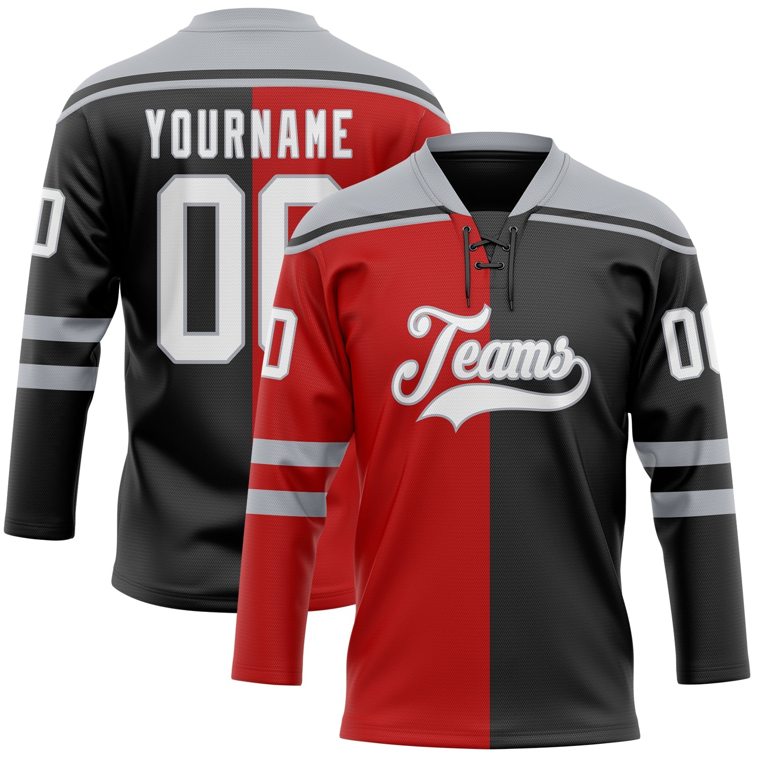 Custom Black White Red-Gray Split Fashion Hockey Lace Neck Jersey - Main View