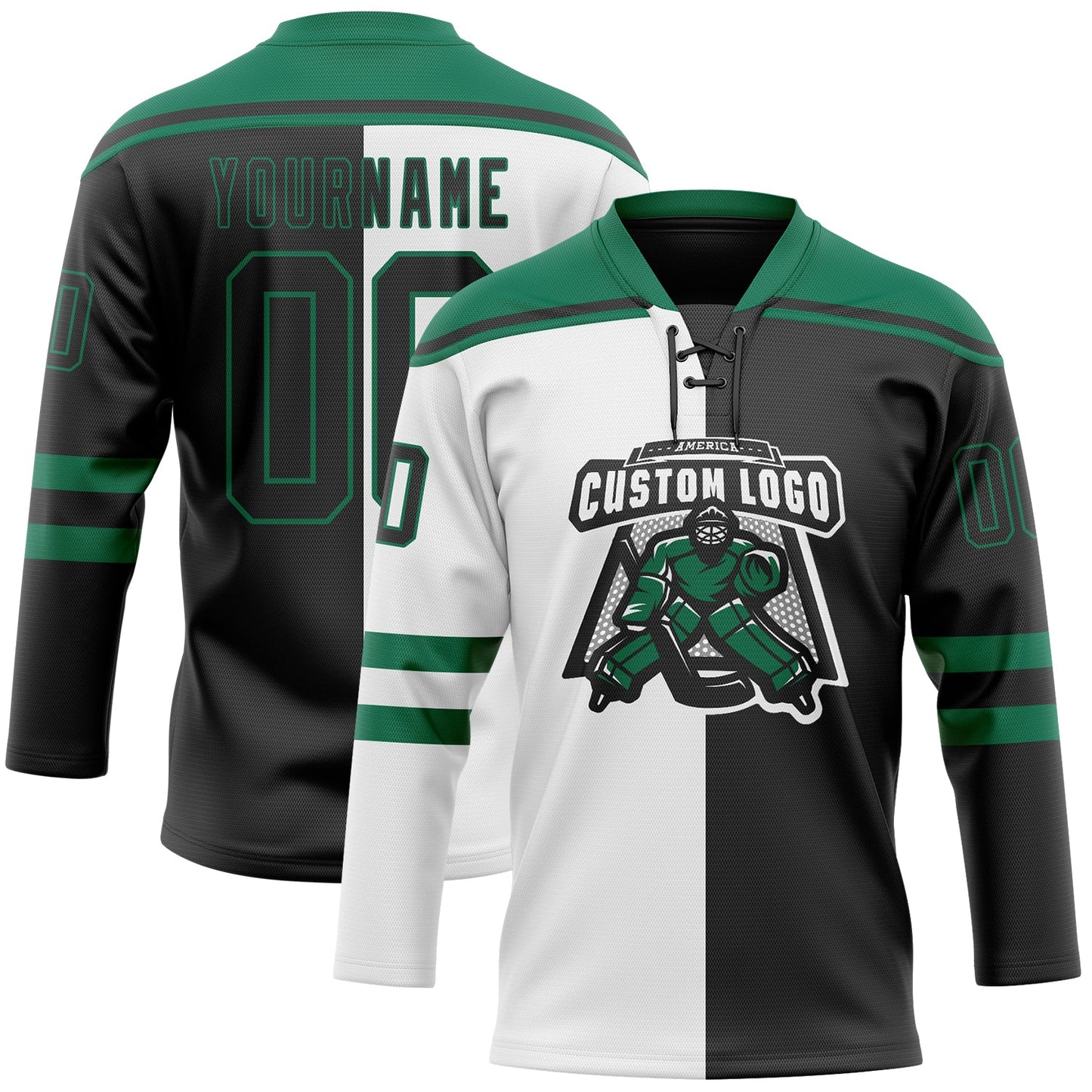 Custom Black Kelly Green-White Split Fashion Hockey Lace Neck Jersey view 2