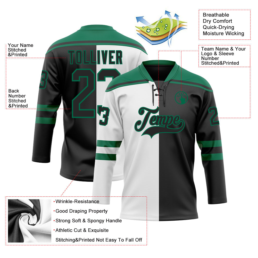 Custom Black Kelly Green-White Split Fashion Hockey Lace Neck Jersey view 5