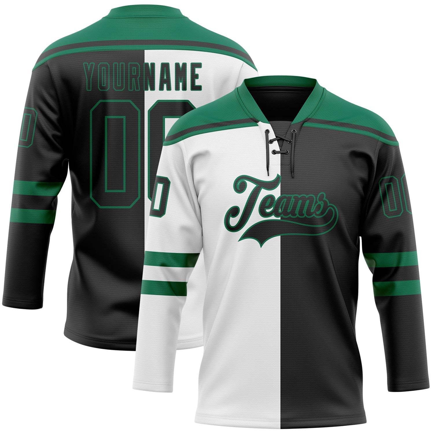 Custom Black Kelly Green-White Split Fashion Hockey Lace Neck Jersey - Main View