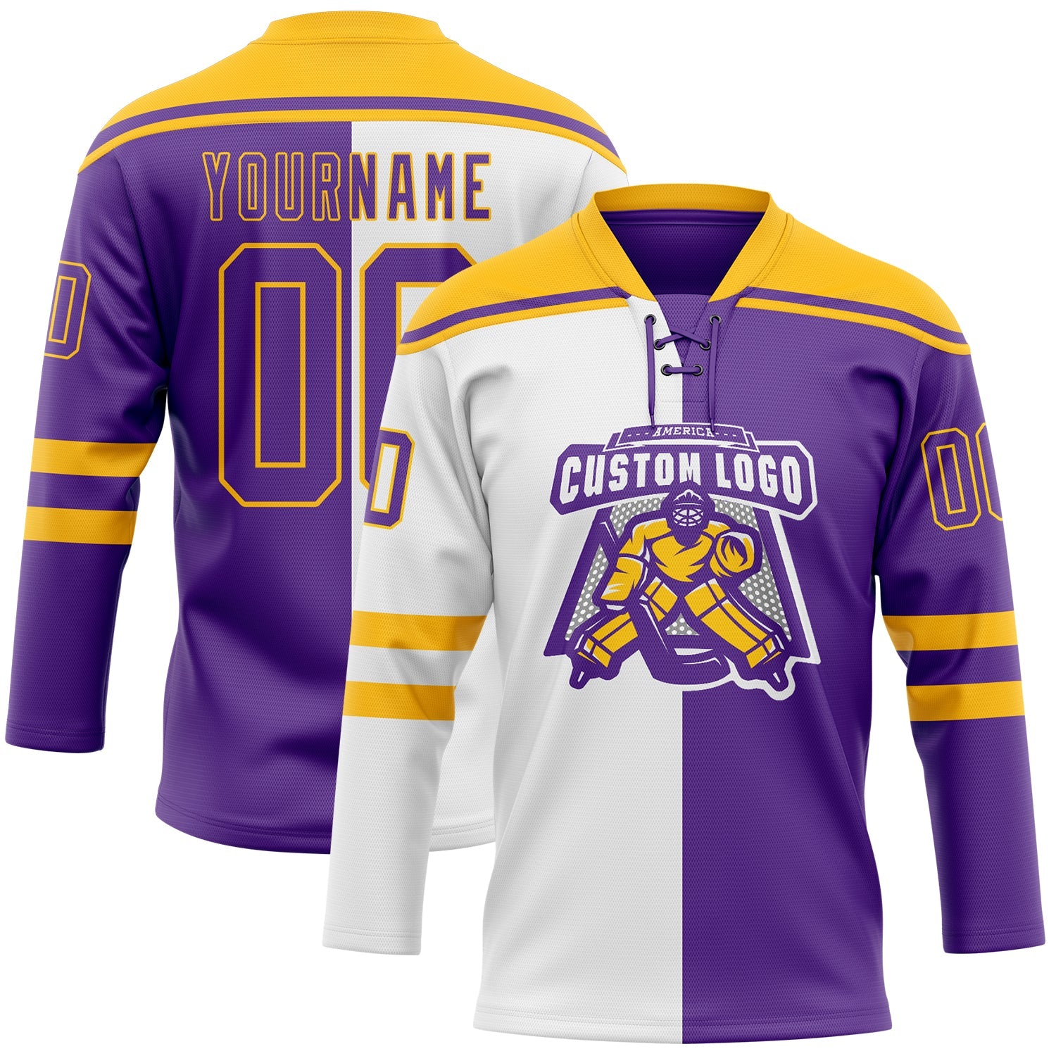 Custom Purple Gold-White Split Fashion Hockey Lace Neck Jersey view 2