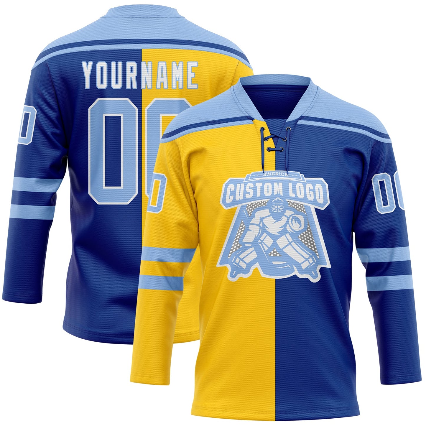 Custom Royal Light Blue Yellow-White Split Fashion Hockey Lace Neck Jersey view 2