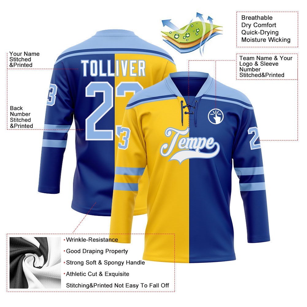 Custom Royal Light Blue Yellow-White Split Fashion Hockey Lace Neck Jersey view 5