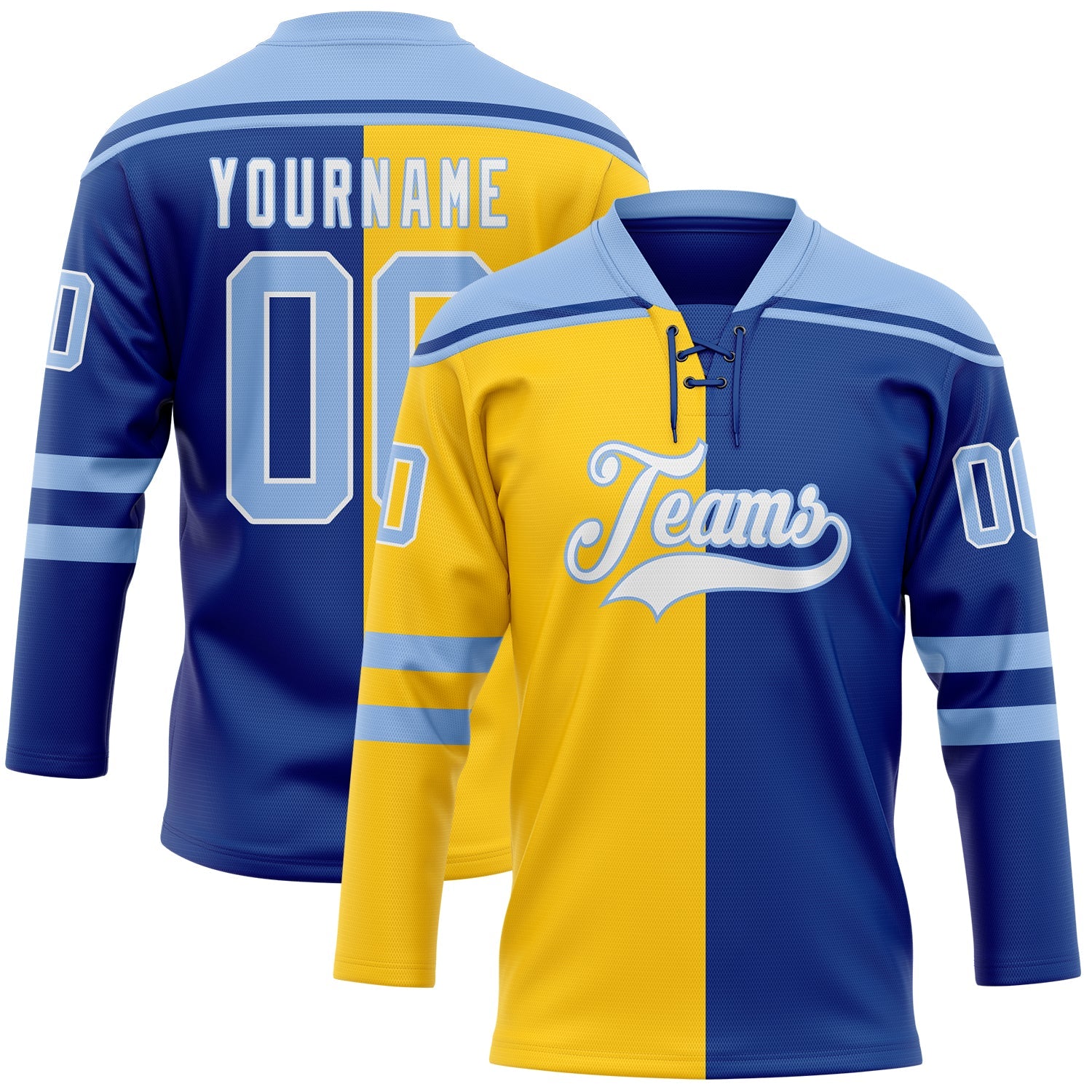 Custom Royal Light Blue Yellow-White Split Fashion Hockey Lace Neck Jersey - Main View