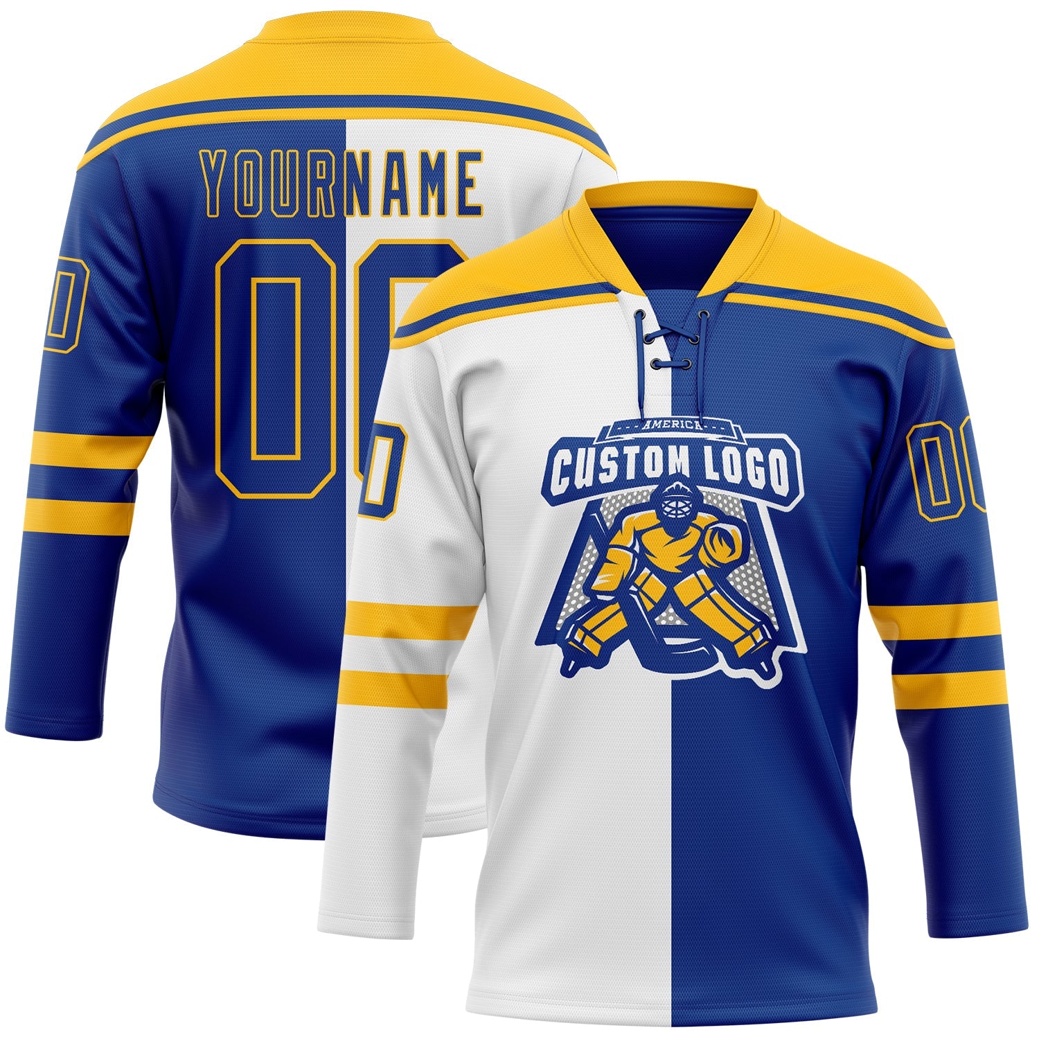 Custom Royal Gold-White Split Fashion Hockey Lace Neck Jersey view 2